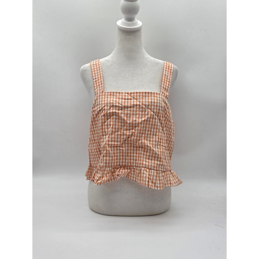 Honey Belle Women's Medium Orange White Gingham Ruffle Tank Top 101-553
